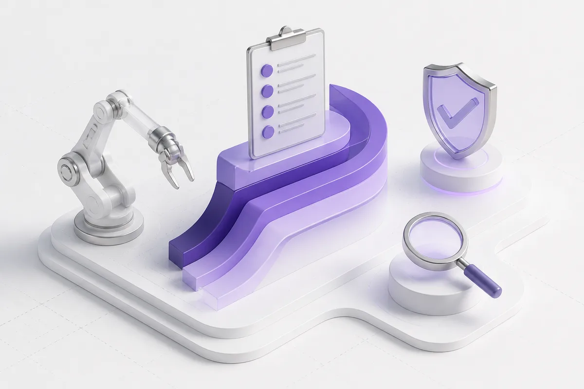 Isometric 3D editorial illustration for Frequently Asked Questions for Automation Buyers