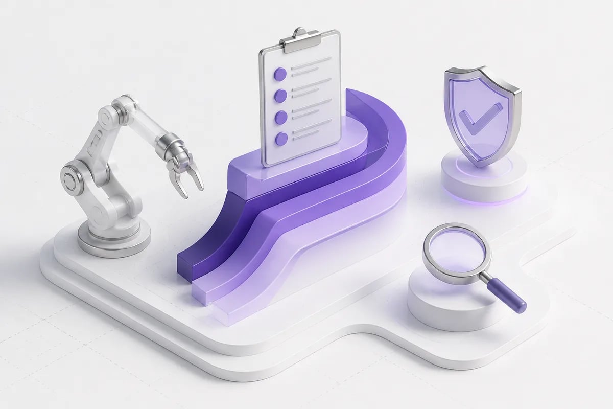 Isometric 3D editorial illustration for Frequently Asked Questions for Automation Buyers