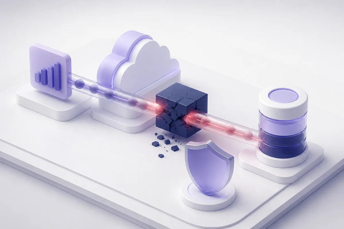 Isometric 3D editorial illustration for Salesforce workflow: data flow, failure handling, and system-of-record implications
