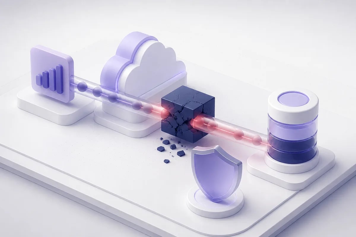 Isometric 3D editorial illustration for Salesforce workflow: data flow, failure handling, and system-of-record implications