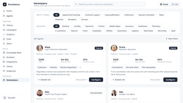 Persistence agent Marketplace with use-case filters and configurable agent cards