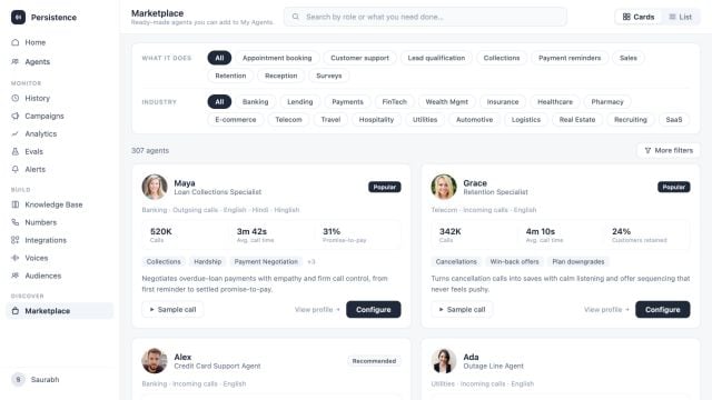 Persistence agent Marketplace with use-case filters and configurable agent cards