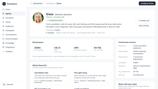 Persistence Marketplace agent profile with performance and use-case information