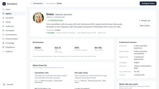 Persistence Marketplace agent profile with performance and use-case information