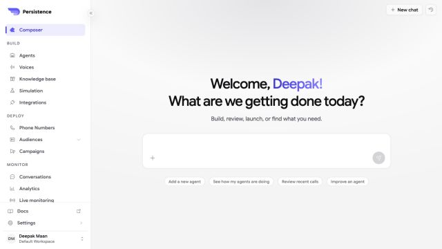 Persistence Composer dashboard with a prompt field and suggested agent tasks
