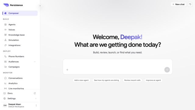 Persistence Composer dashboard with a prompt field and suggested agent tasks