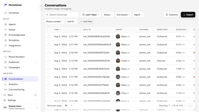 Persistence Conversations dashboard with call records, filters, agents, channels, and durations