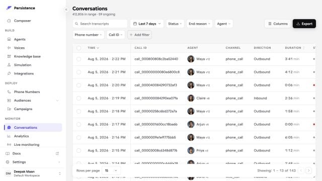 Persistence Conversations dashboard with call records, filters, agents, channels, and durations