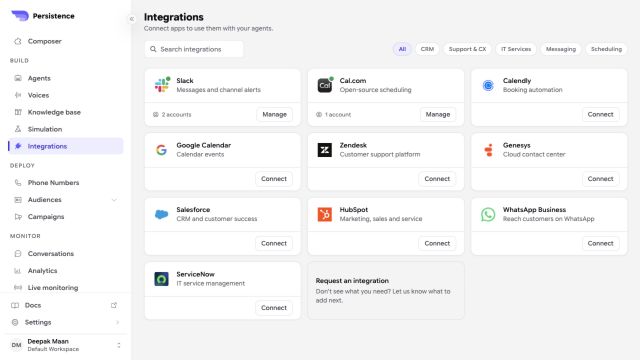 Persistence Integrations catalog with calendar, CRM, support, messaging, and scheduling services