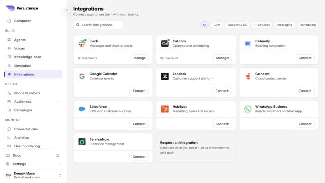 Persistence Integrations catalog with calendar, CRM, support, messaging, and scheduling services