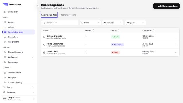 Persistence Knowledge Base library showing ready, processing, and failed collections