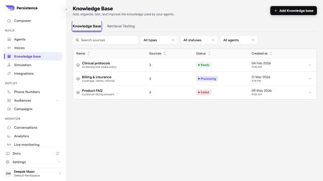 Persistence Knowledge Base library showing ready, processing, and failed collections