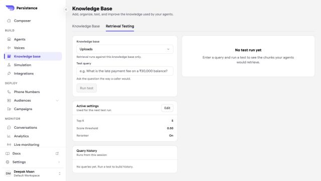 Persistence Knowledge Base retrieval testing screen