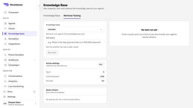 Persistence Knowledge Base retrieval testing screen