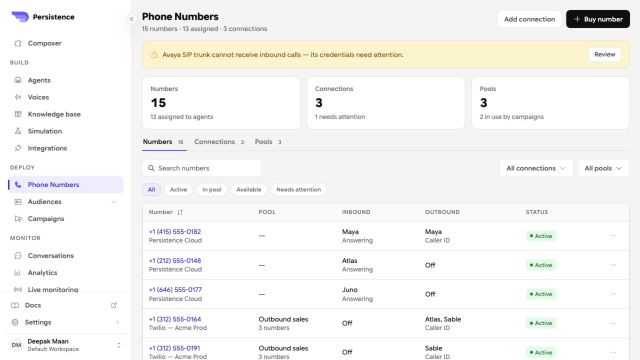 Persistence Phone Numbers dashboard with inventory, connections, pools, and agent routing