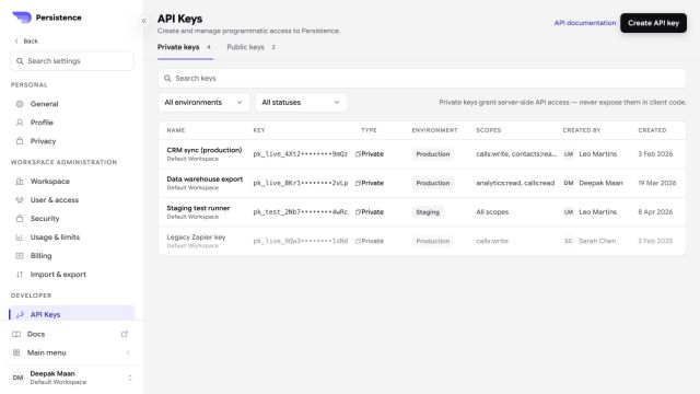 Persistence API Keys settings with masked keys, environments, scopes, and statuses