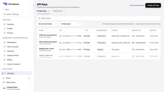 Persistence API Keys settings with masked keys, environments, scopes, and statuses
