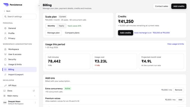 Persistence Billing settings with plan, credits, usage, projected cost, and add-ons