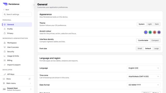 Persistence General settings with appearance, language, region, navigation, and notification preferences