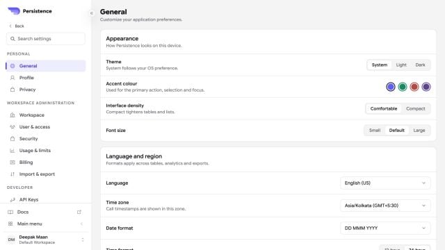 Persistence General settings with appearance, language, region, navigation, and notification preferences