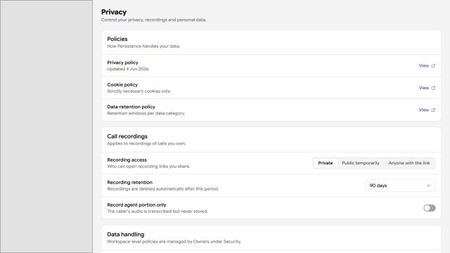 Persistence Privacy settings with policy, recording access, and retention controls