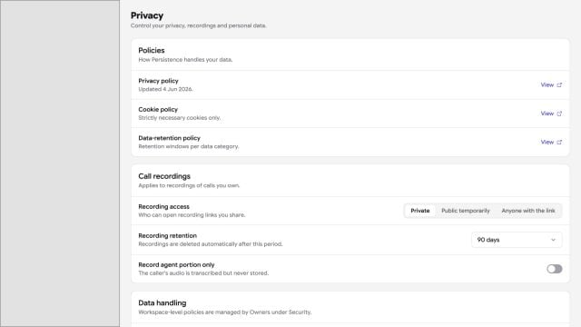 Persistence Privacy settings with policy, recording access, and retention controls