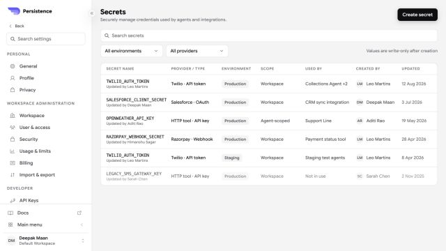 Persistence Secrets settings with masked values and usage metadata