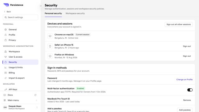 Persistence Security settings with devices, sessions, password, multi-factor authentication, and passkeys