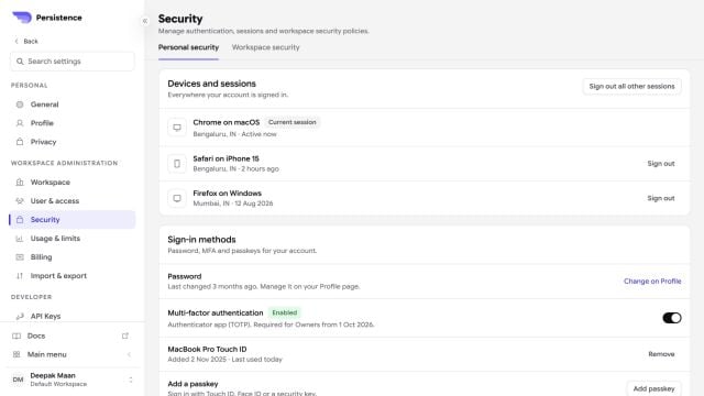 Persistence Security settings with devices, sessions, password, multi-factor authentication, and passkeys