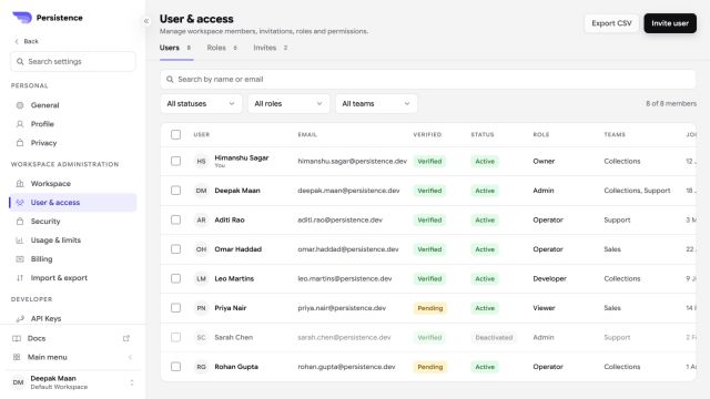 Persistence User and access settings with users, roles, teams, and account status