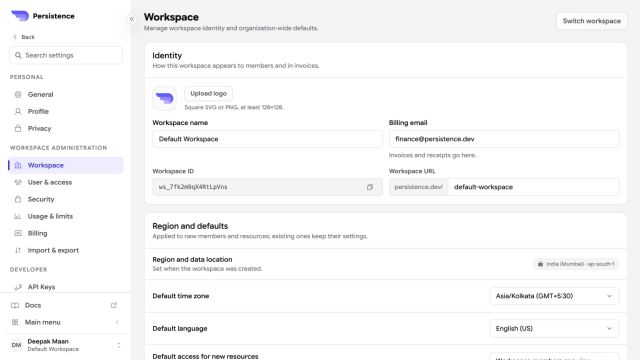 Persistence Workspace settings with identity, regional defaults, and workspace policies