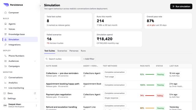 Persistence Simulation dashboard with test suites, pass rates, failures, spend, and recent runs