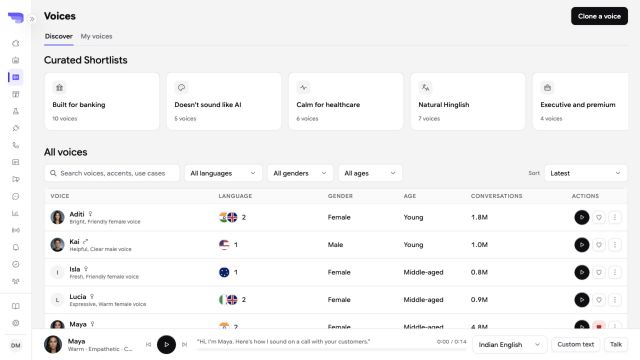 Persistence Voices dashboard with curated collections, filters, and voice previews