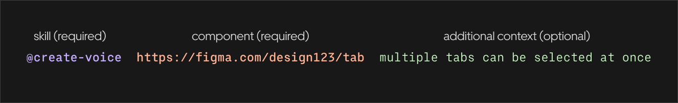 Prompt format showing skill name, Figma component link, and additional context