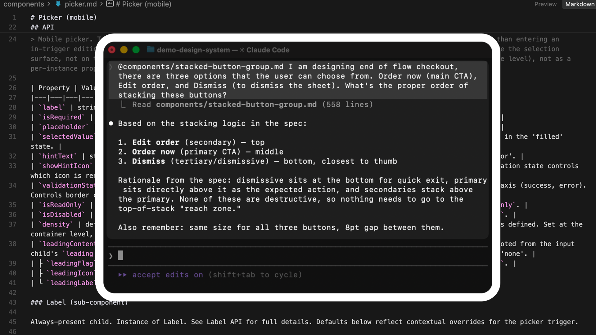 A picker.md spec open in an editor while Claude Code reads it inline to answer a question about button stacking order in a checkout flow