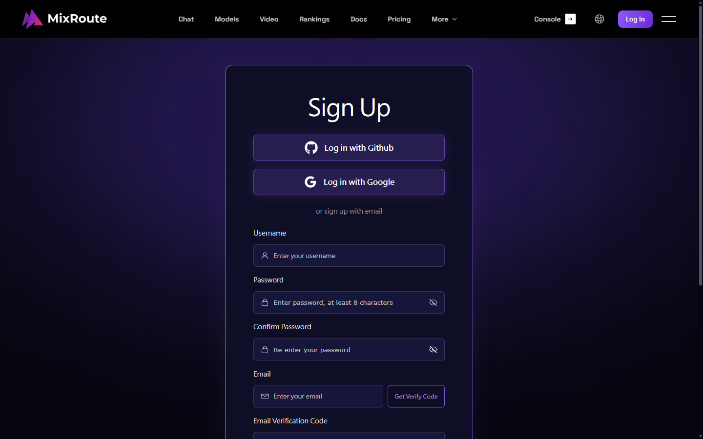 MixRoute sign-up page