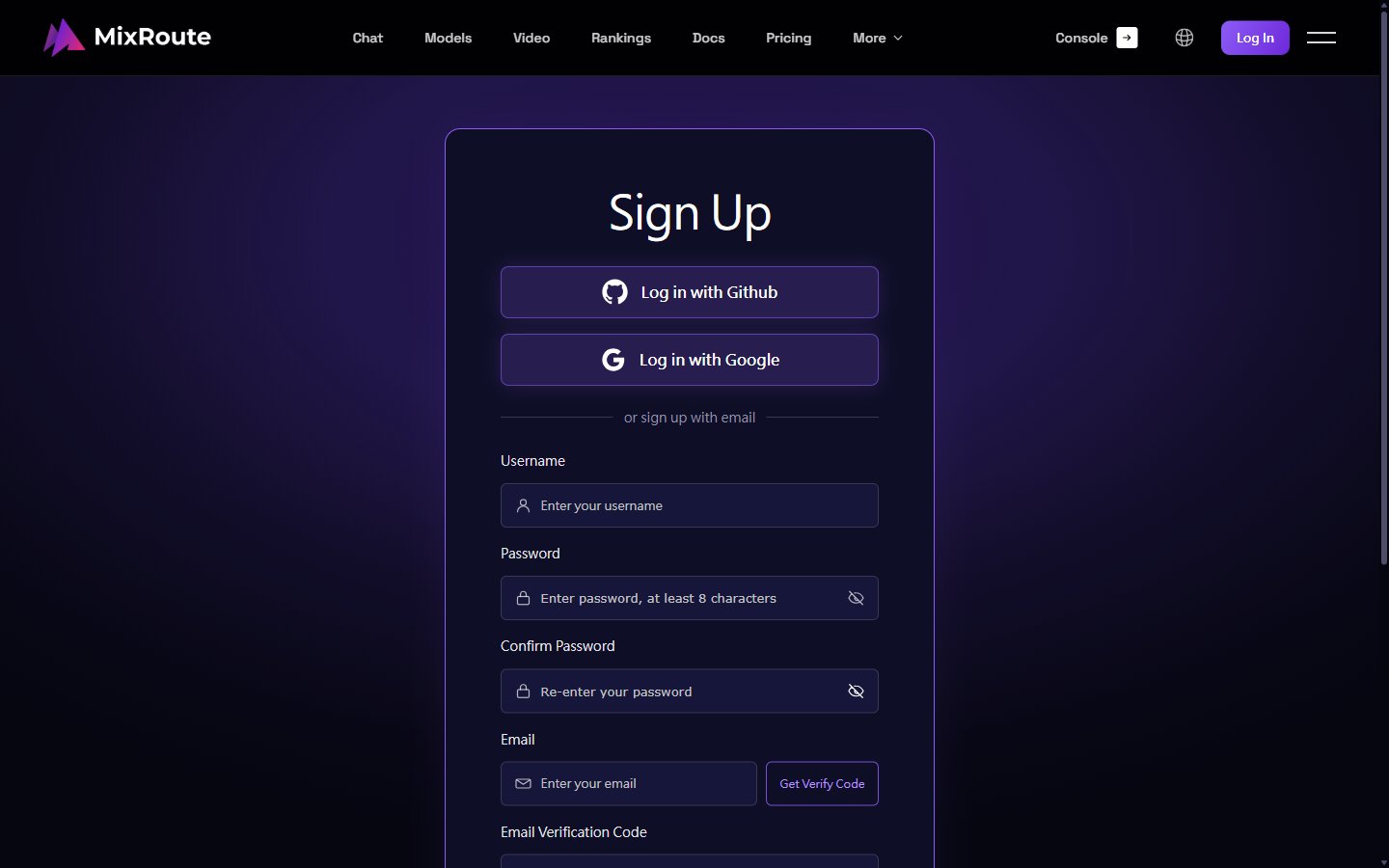 MixRoute sign-up page