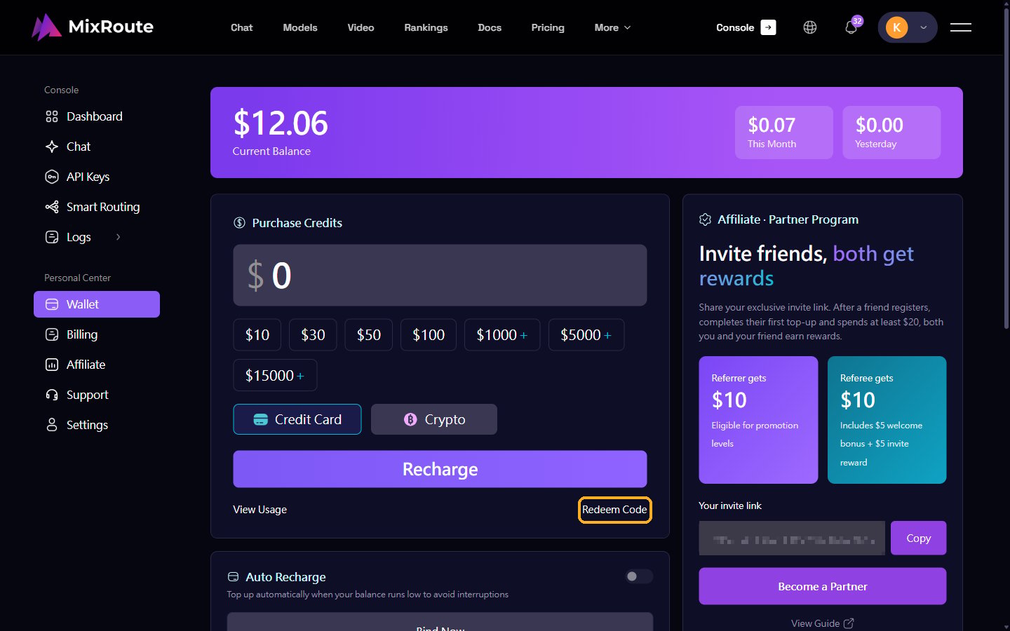 Redeem Code at the bottom right of Purchase Credits