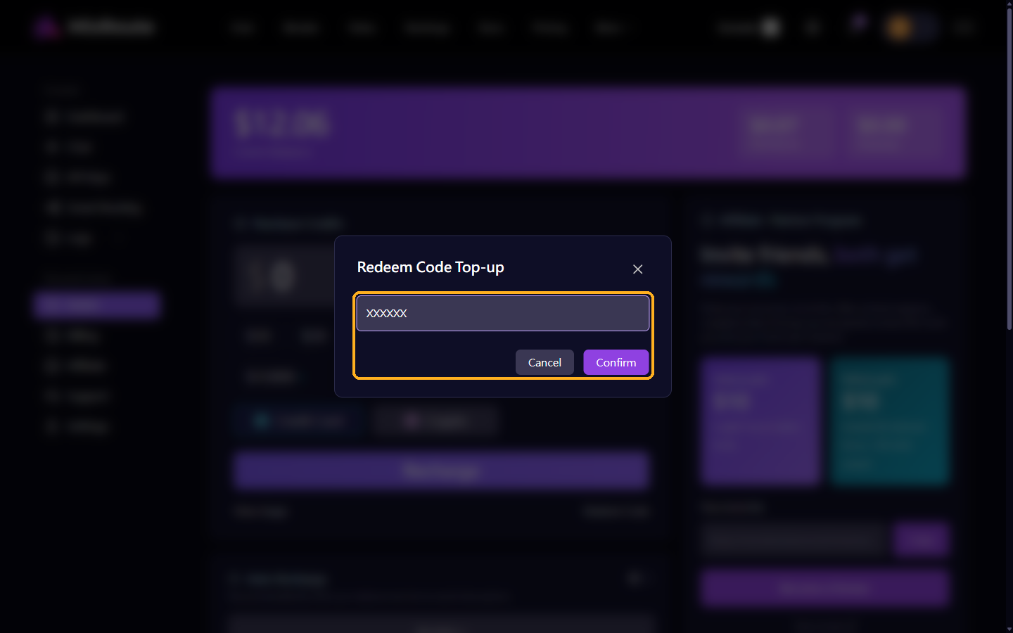 Redeem Code Top-up window
