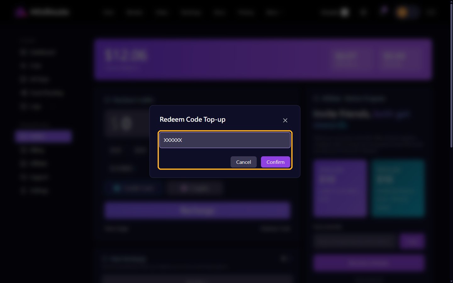 Redeem Code Top-up window