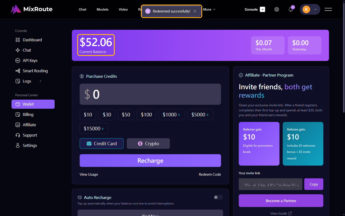 Redeemed successfully message and Current Balance