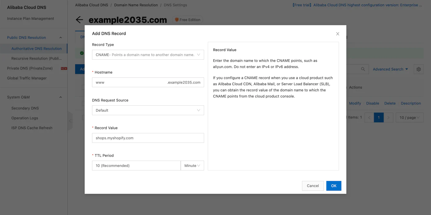 Alibaba DNS management interface showing Account Settings and Domains section