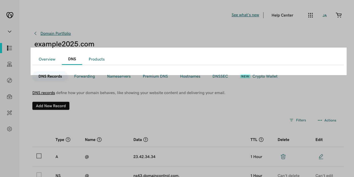 GoDaddy DNS management interface showing Account Settings and Domains section