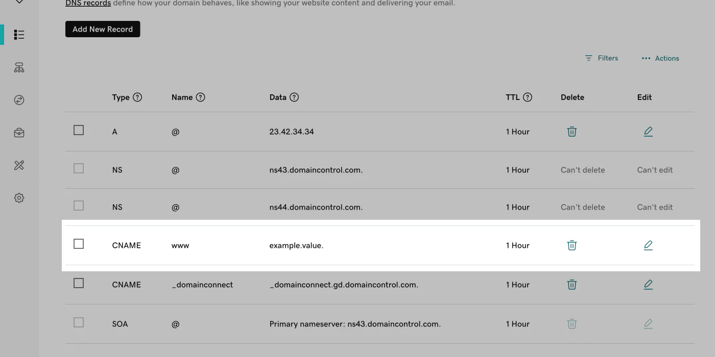GoDaddy DNS management interface showing Account Settings and Domains section