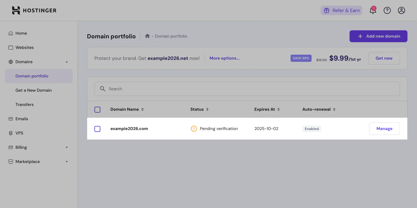 Hostinger DNS management interface showing Account Settings and Domains section