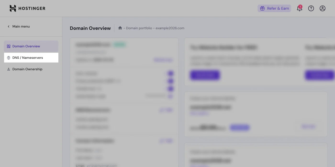 Hostinger DNS management interface showing Account Settings and Domains section