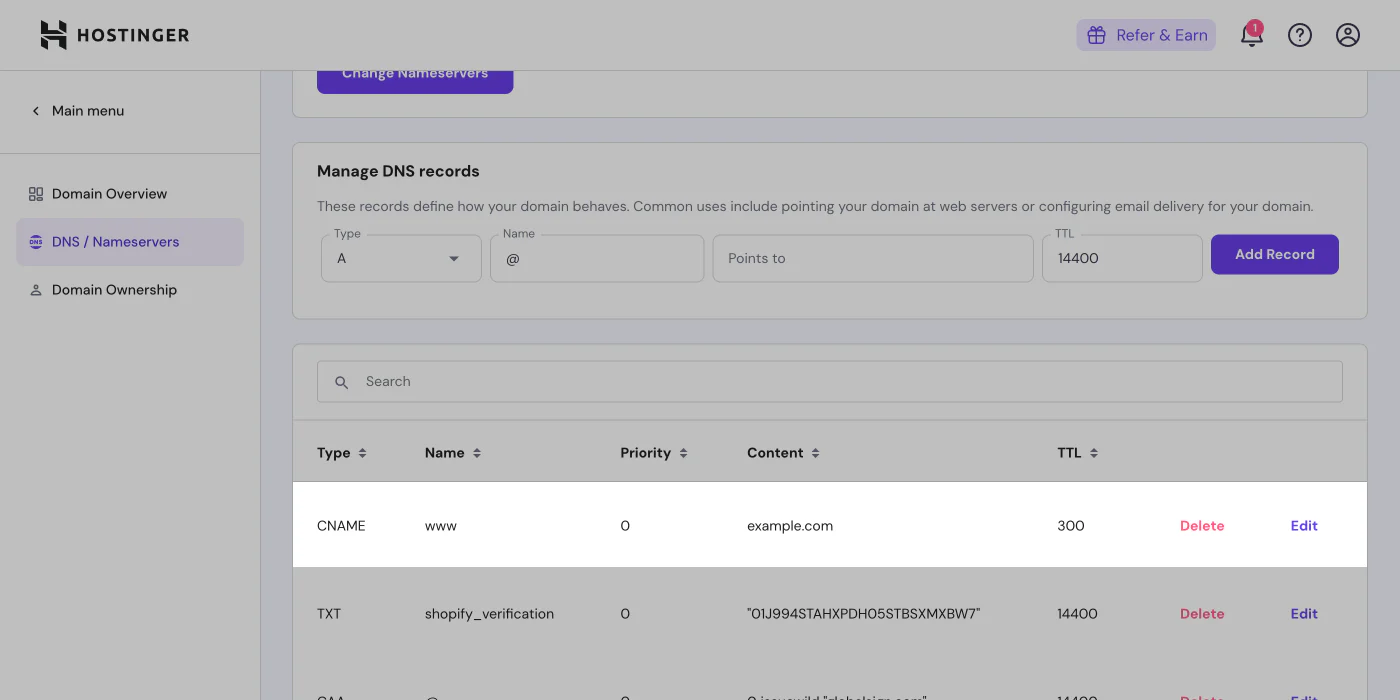 Hostinger DNS management interface showing Account Settings and Domains section