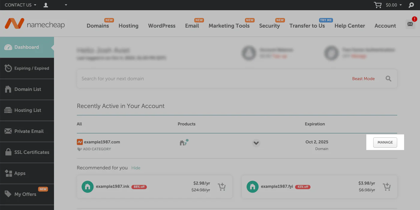 Namecheap DNS management interface showing Account Settings and Domains section