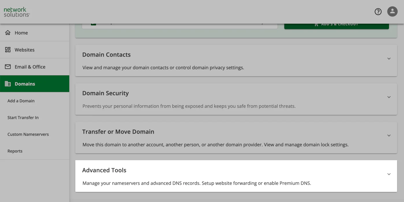 Network Solutions DNS management interface showing Account Settings and Domains section
