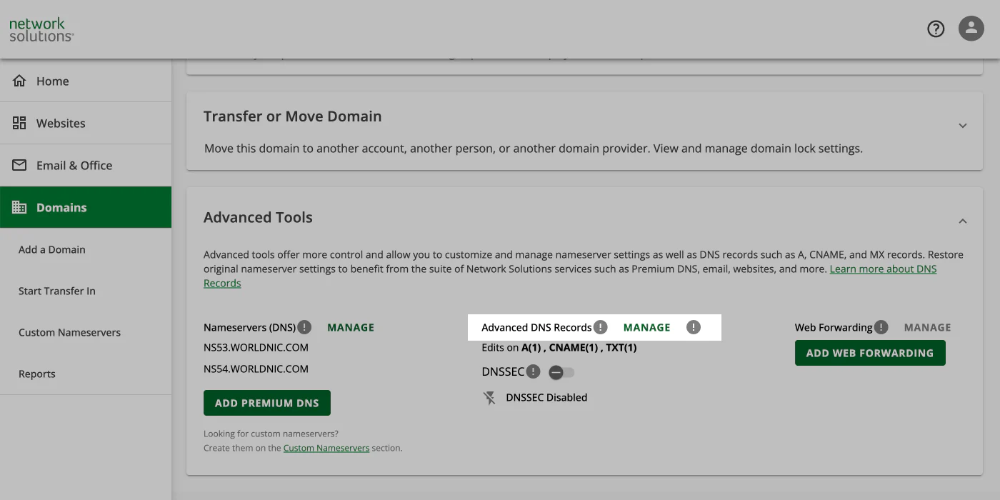 Network Solutions DNS management interface showing Account Settings and Domains section